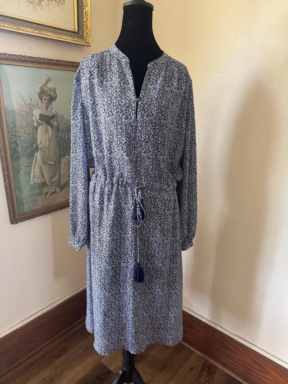 Threads & States Blue Paisley Floral Midi Dress Tassel Tie Waist Size L